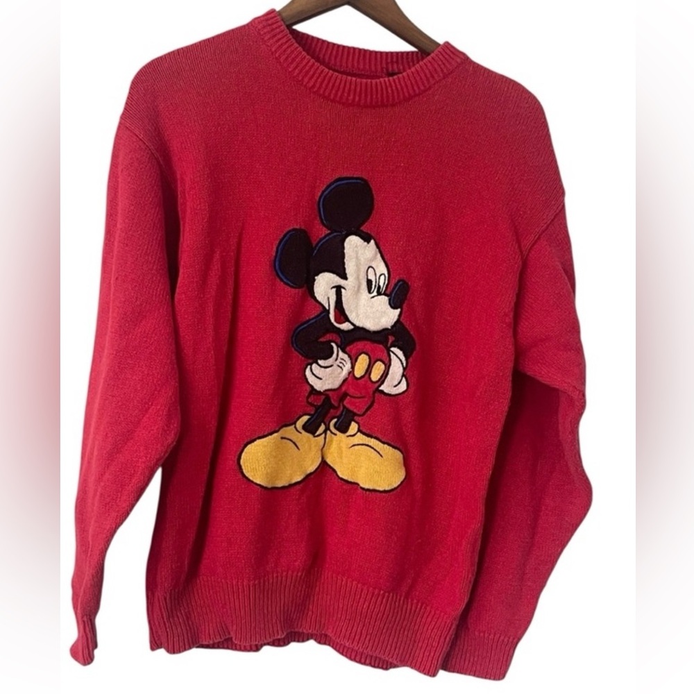 Vintage Mickey Mouse Sweater Size medium Novelty Disney Red  Knit‎ Oversized